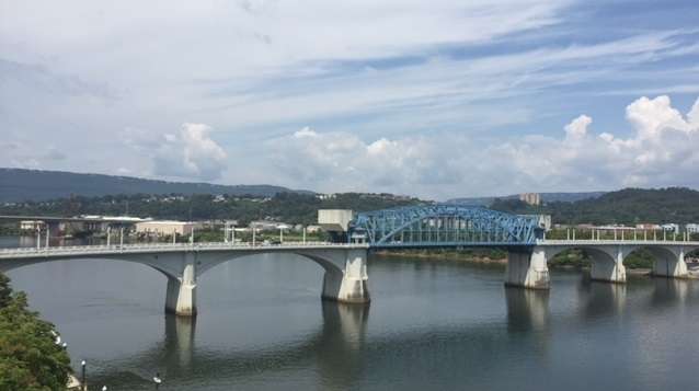 The Market Street Bridge spans the Tennessee River. Plan your spring getaway to Chattanooga for warmer weather and fewer crowds.