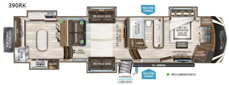 An illustration of the Grand Design Solitude 390RK fifth wheel RV floor plan.