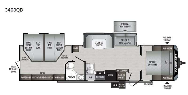 An illustration of the Keystone Passport 3400QD RV floorplan, a bunkhouse travel trailer.