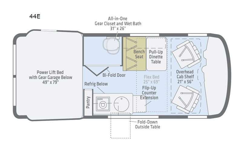An illustration of the Winnebago Revel 44E Class B motorhome RV floor plan.