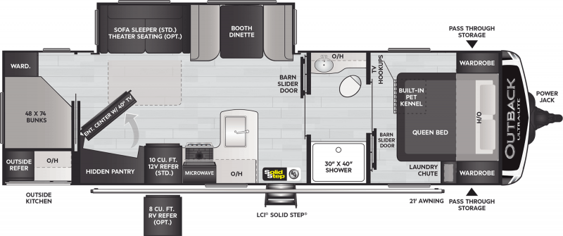 A diagram of the Keystone Outback Ultra Lite 291UBH travel trailer foorplan shows the master bedroom located at the front of the trailer and accessible through  a walk through bathroom. The space-saving layout includes a private bunkroom at the rear of the trailer. The rest of the space is occupied by kitchen and living areas. 