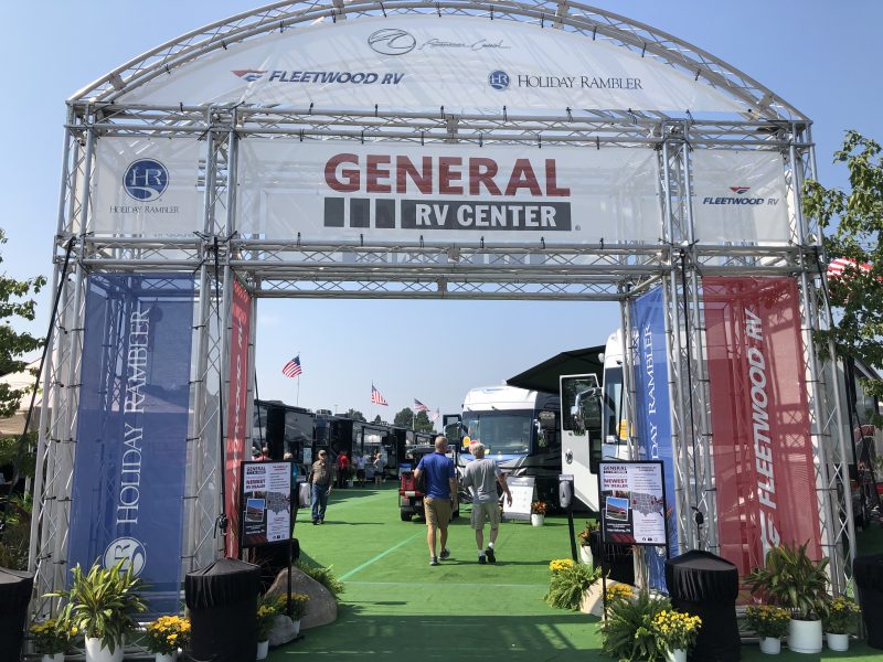 A large metal display marks the entrance to the General RV section at America's Largest RV Show in Hershey, Pennsylvania.